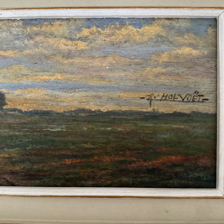 20th century oil on cardboard by R. Holvoet landscape with a village in the distance