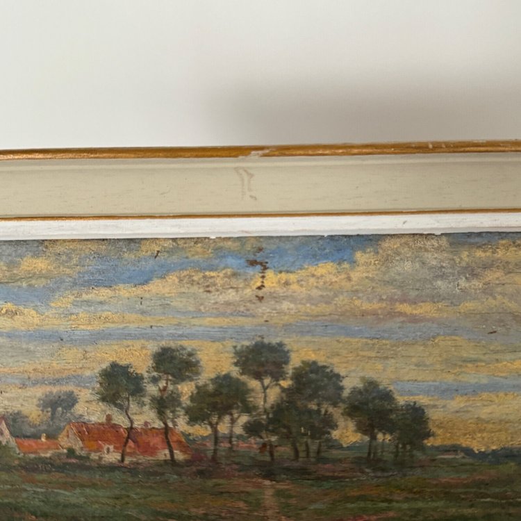 20th century oil on cardboard by R. Holvoet landscape with a village in the distance