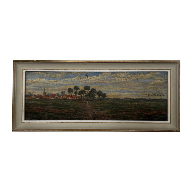 20th century oil on cardboard by R. Holvoet landscape with a village in the distance