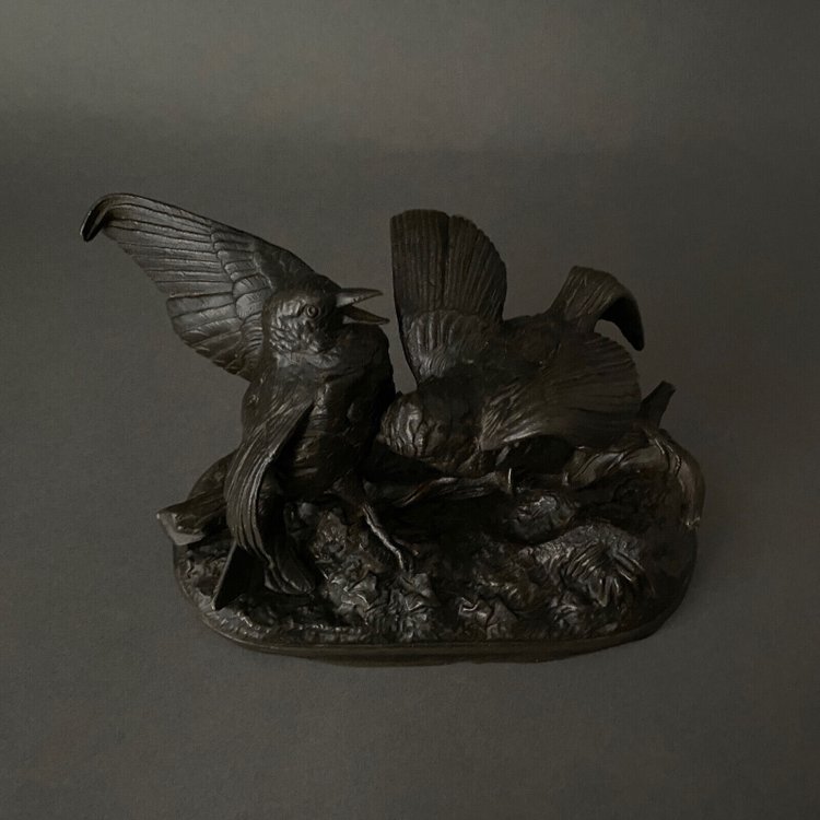 Bronze aus dem 19. Jahrhundert, die ein Vogelpaar darstellt, von Chanhomme 1850