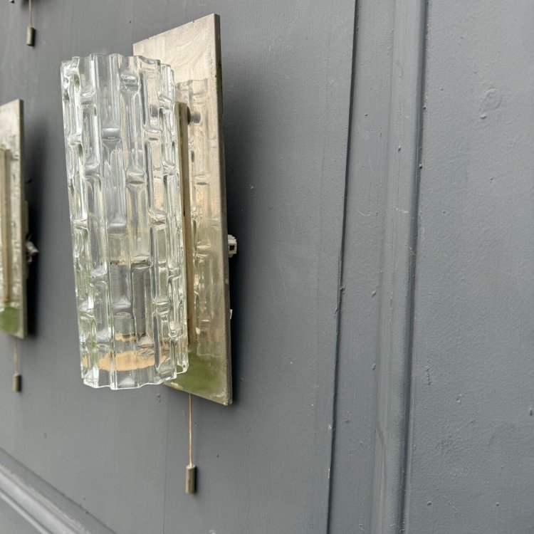 Suite of 4 1970s sconces in frosted glass and chrome-plated metal 20th century