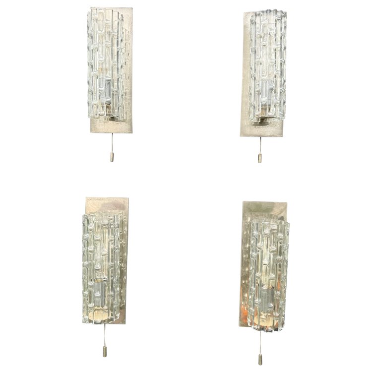 Suite of 4 1970s sconces in frosted glass and chrome-plated metal 20th century