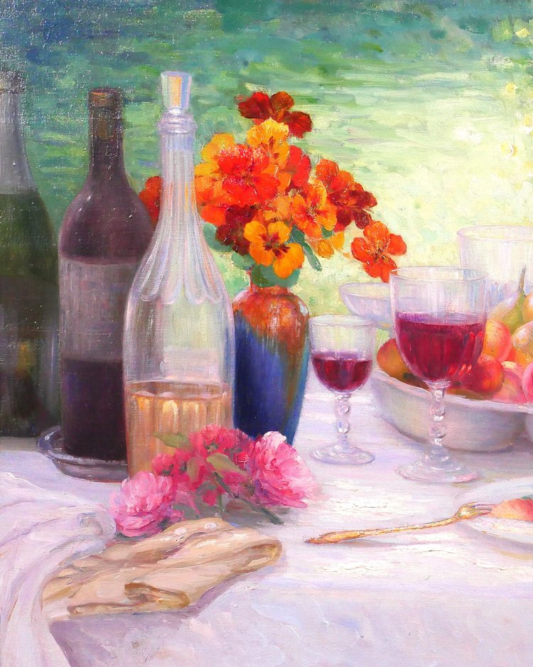 Henri ANGENIOL 1870-1959 Der Tisch im Garten, Stillleben, Gemälde, 1923, Blumen, Wein