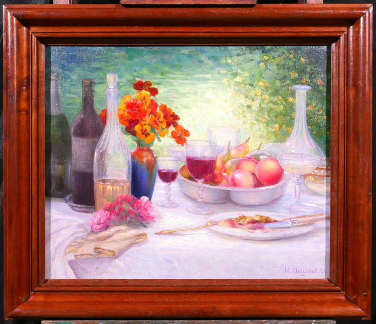 Henri ANGENIOL 1870-1959 Der Tisch im Garten, Stillleben, Gemälde, 1923, Blumen, Wein