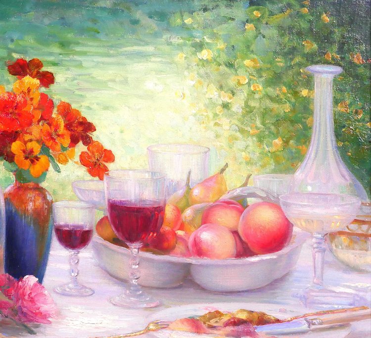 Henri ANGENIOL 1870-1959 Der Tisch im Garten, Stillleben, Gemälde, 1923, Blumen, Wein