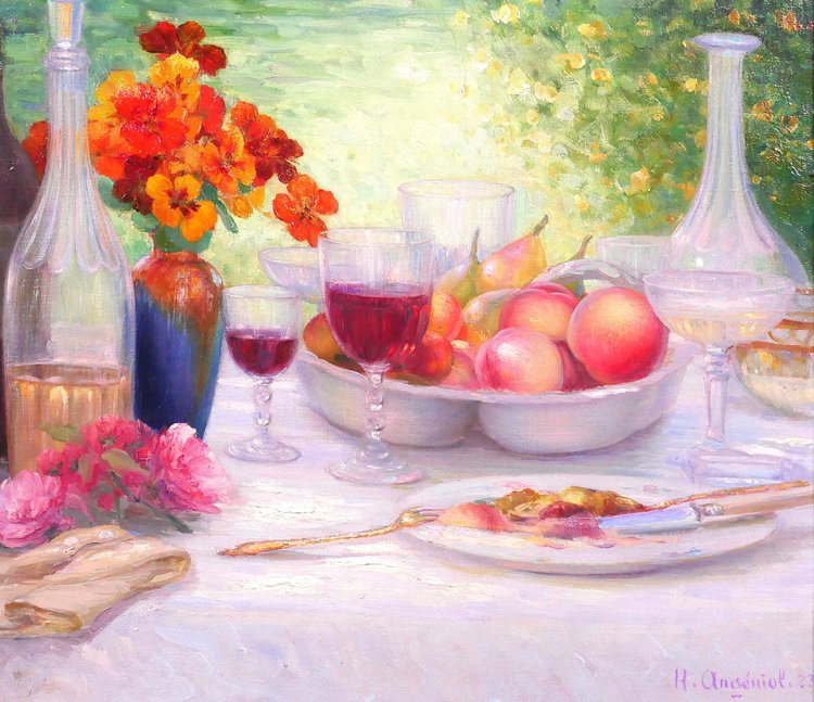 Henri ANGENIOL 1870-1959 Der Tisch im Garten, Stillleben, Gemälde, 1923, Blumen, Wein