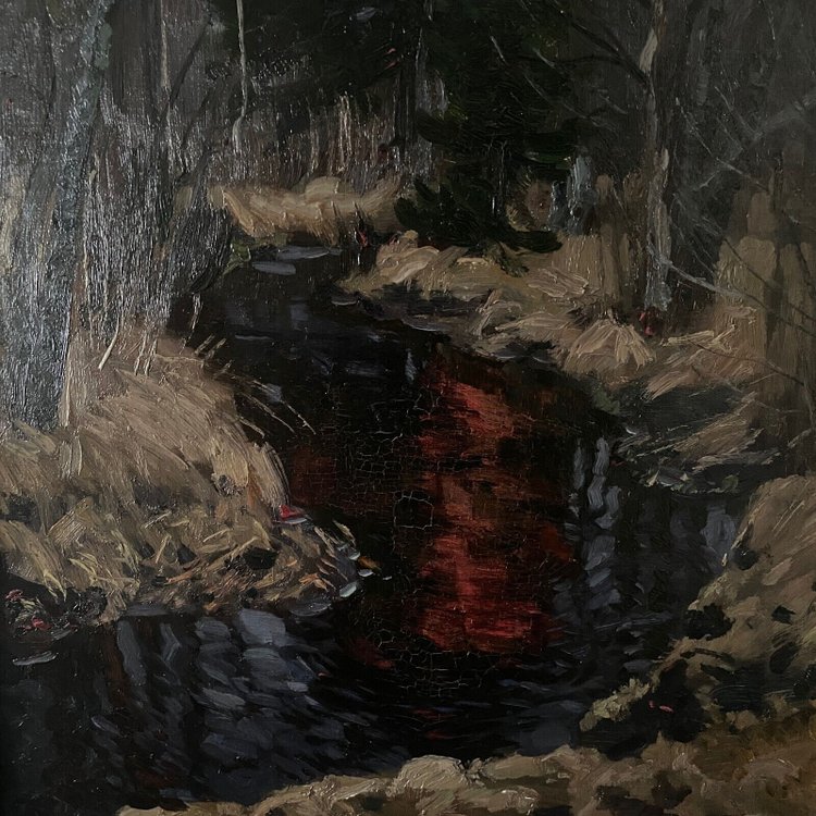 Huile sur carton par Stanislaw Zukowski ruisseau dans un sous-bois