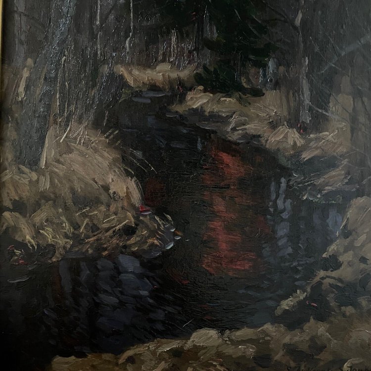 Huile sur carton par Stanislaw Zukowski ruisseau dans un sous-bois