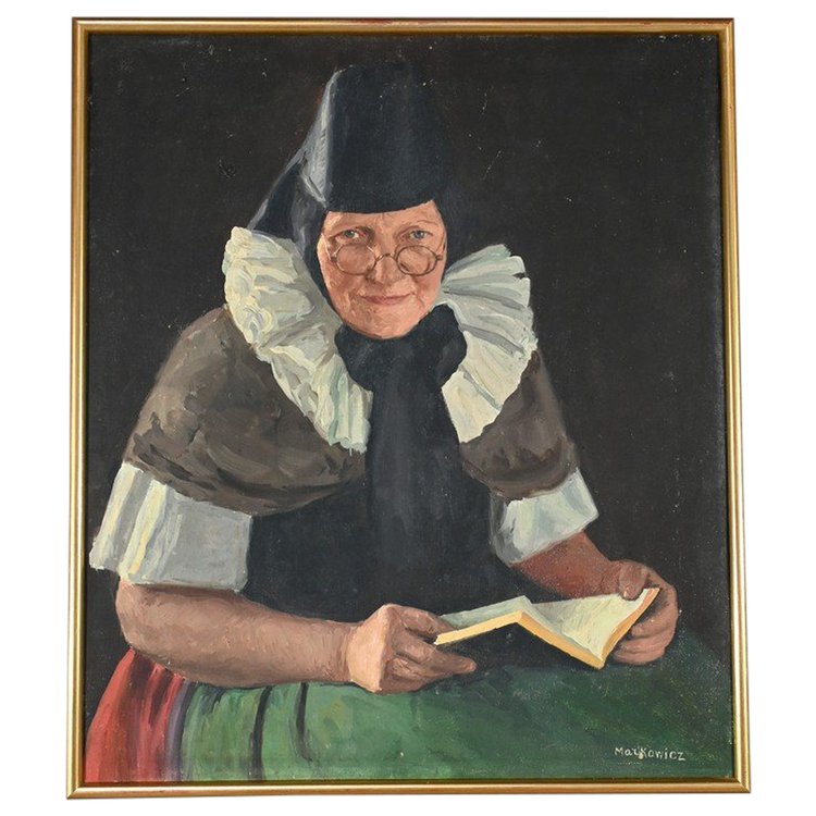 Huile sur Toile « Polonaise à sa lecture » de A. MARKOWICZ – Début XXe