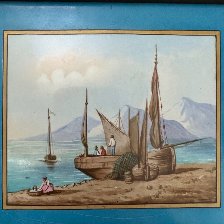 Scena di barche dipinta su porcellana fine XIX secolo recto-verso