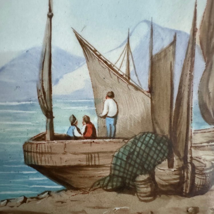 Scena di barche dipinta su porcellana fine XIX secolo recto-verso