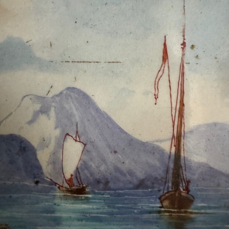 Scena di barche dipinta su porcellana fine XIX secolo recto-verso