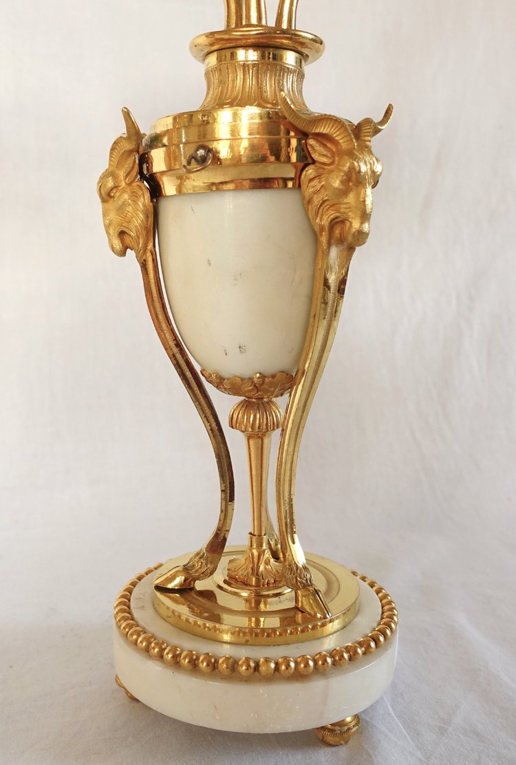 Pair of gilt bronze and marble cassolette candelabras with inverted candlesticks, Louis XVI style