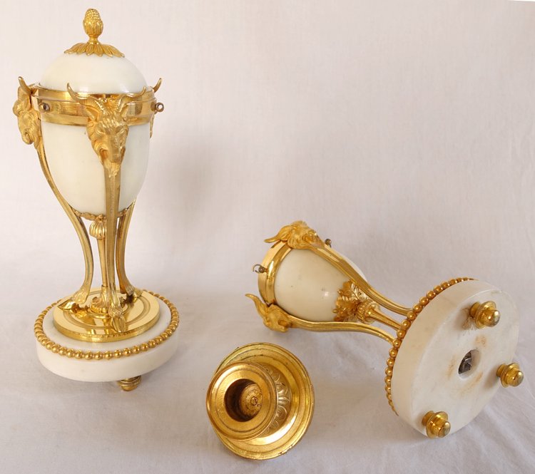 Pair of gilt bronze and marble cassolette candelabras with inverted candlesticks, Louis XVI style