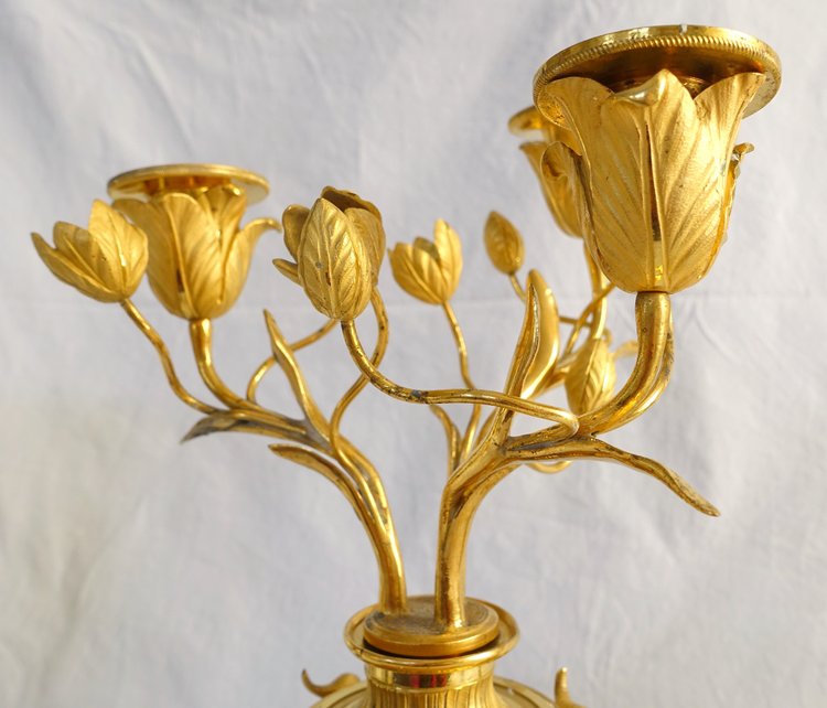 Pair of gilt bronze and marble cassolette candelabras with inverted candlesticks, Louis XVI style