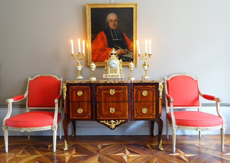 Pair of gilt bronze and marble cassolette candelabras with inverted candlesticks, Louis XVI style