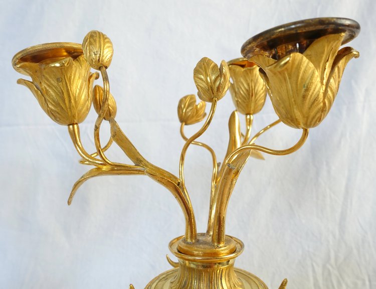 Pair of gilt bronze and marble cassolette candelabras with inverted candlesticks, Louis XVI style