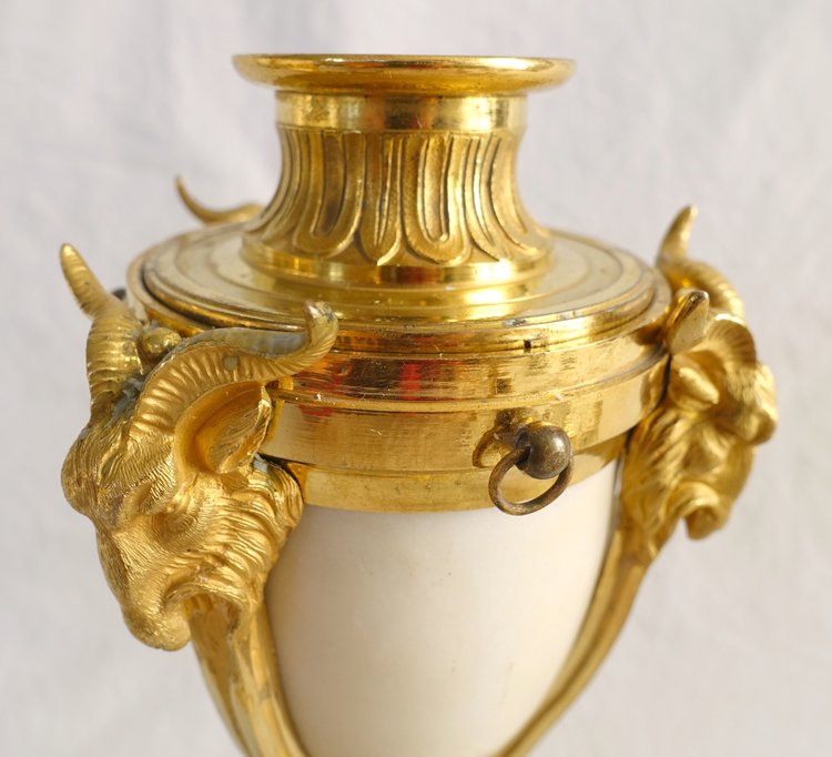 Pair of gilt bronze and marble cassolette candelabras with inverted candlesticks, Louis XVI style