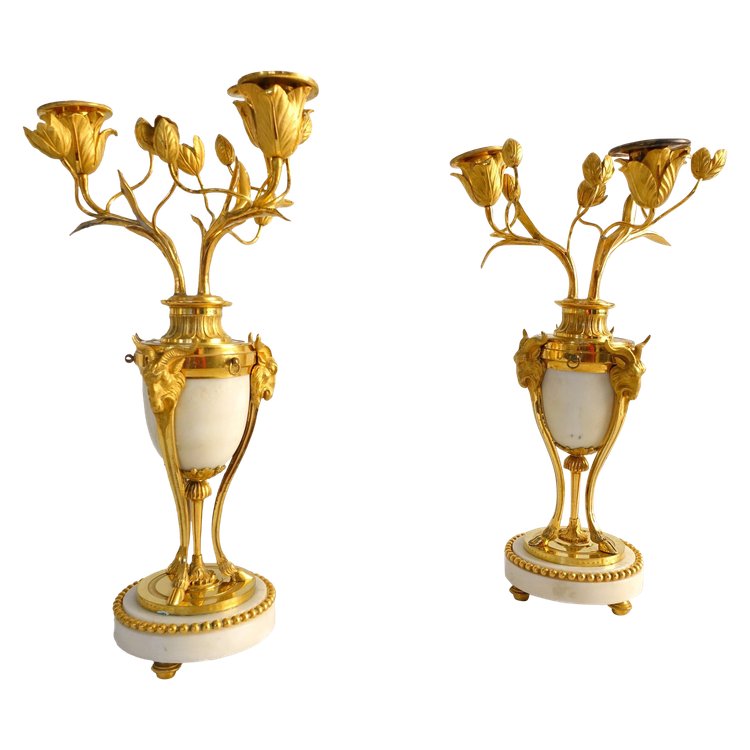 Pair of gilt bronze and marble cassolette candelabras with inverted candlesticks, Louis XVI style