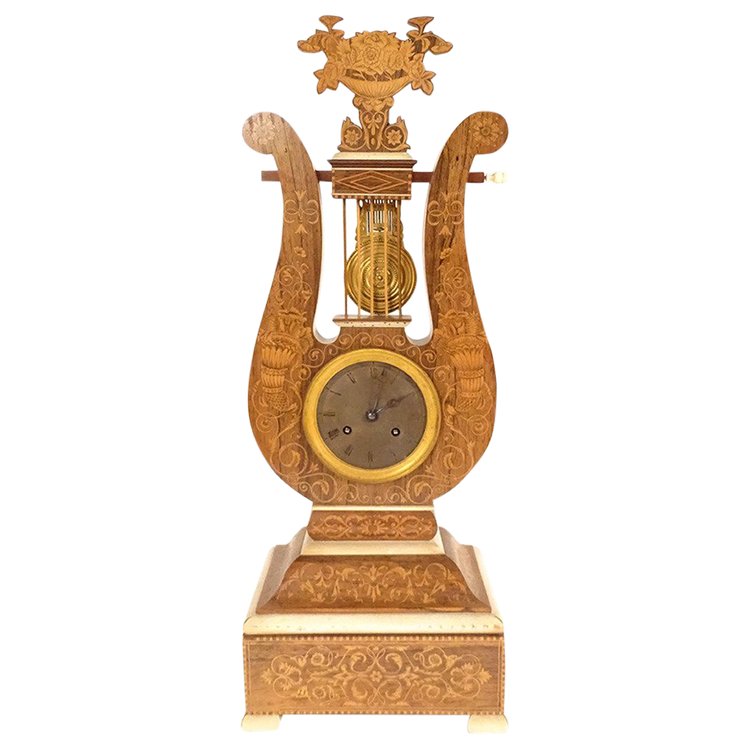 Charles X Lyre Clock Rosewood Marquetry Bronze Napoleon III 19th century