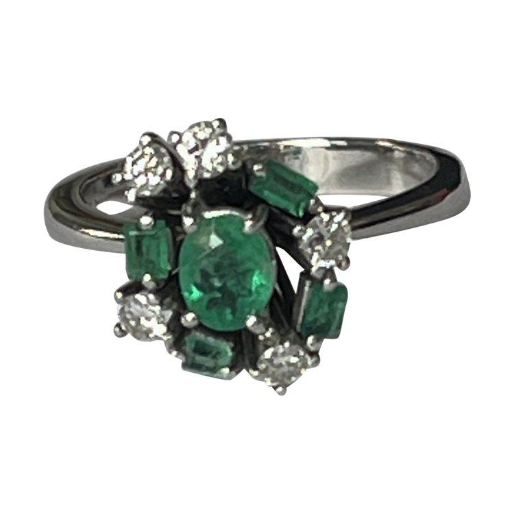 Bague Or Gris Emeraude Diamants