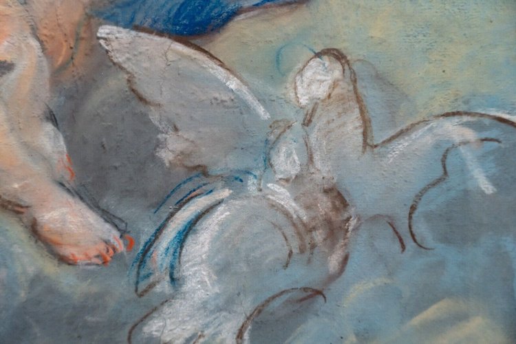 Dipinto a pastello della fine del XIX secolo decorato con putti e colombe