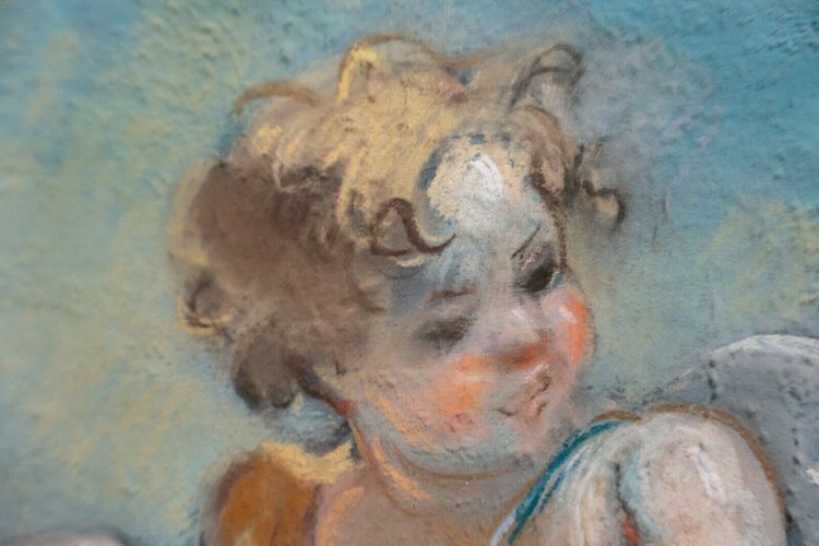 Dipinto a pastello della fine del XIX secolo decorato con putti e colombe