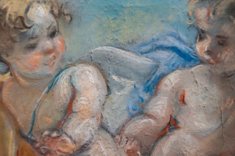 Dipinto a pastello della fine del XIX secolo decorato con putti e colombe