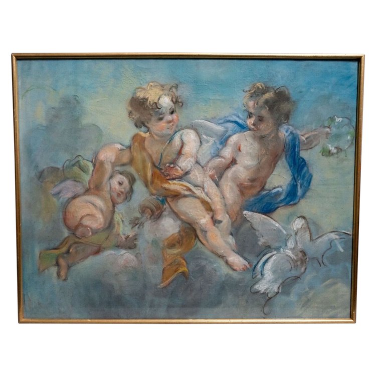 Dipinto a pastello della fine del XIX secolo decorato con putti e colombe