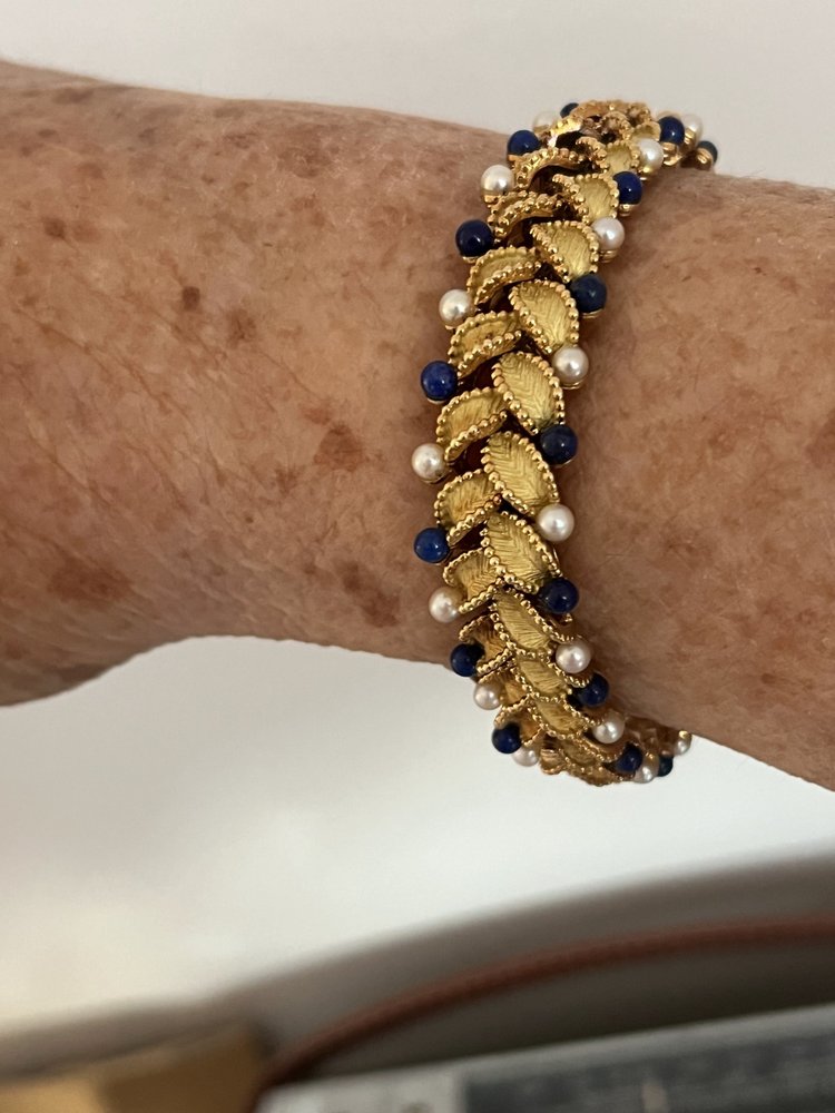 Gelenkarmband Blätter Gelbgold Perlen Lapis Lazuli