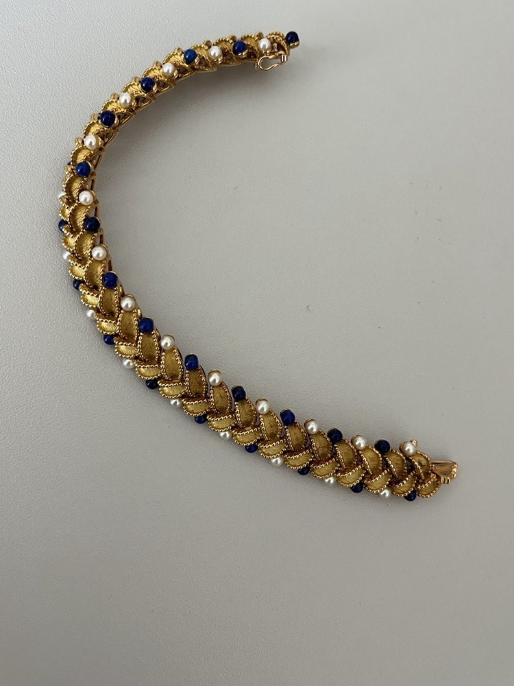 Gelenkarmband Blätter Gelbgold Perlen Lapis Lazuli