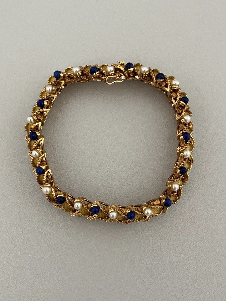 Gelenkarmband Blätter Gelbgold Perlen Lapis Lazuli