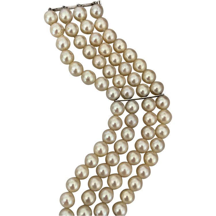 Bracelet 3 Rangs Perles Fermoir Or Gris Diamants