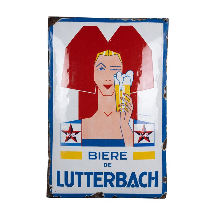 Gewölbtes Emailleschild André Stouls Bier Lutterbach 1648 ALS Strasbourg