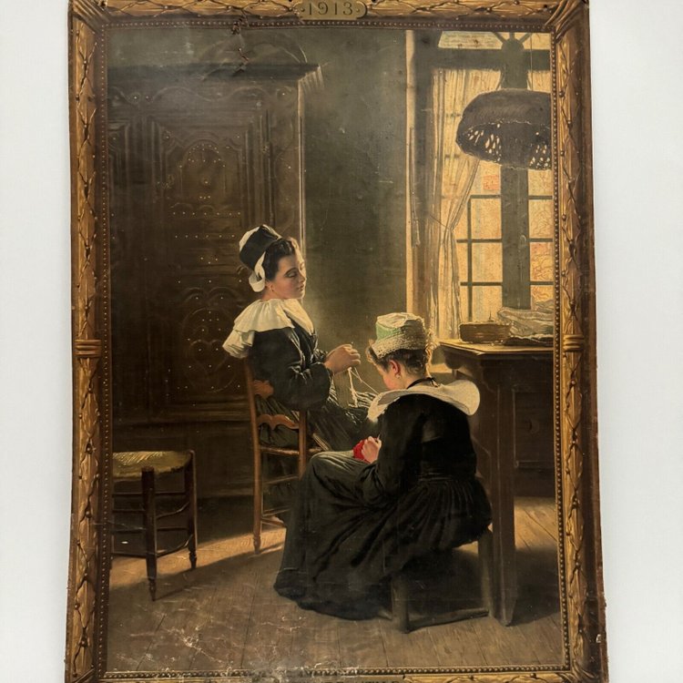 Pannello Lu su cartone illustrato con due donne bretoni in costume