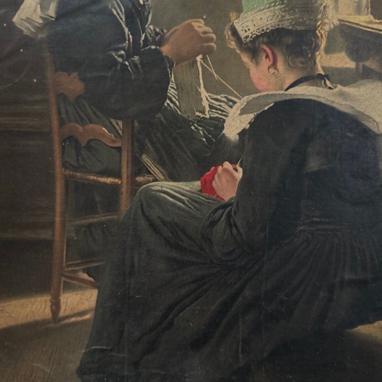 Pannello Lu su cartone illustrato con due donne bretoni in costume
