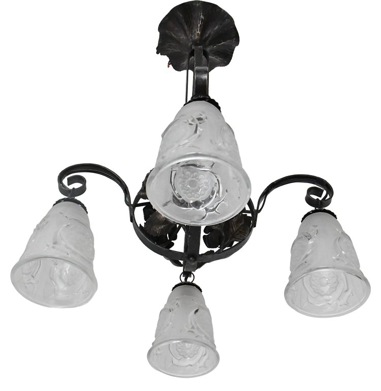 Art Deco chandelier with four molded glass tulips and wrought iron frame decorated with roses.