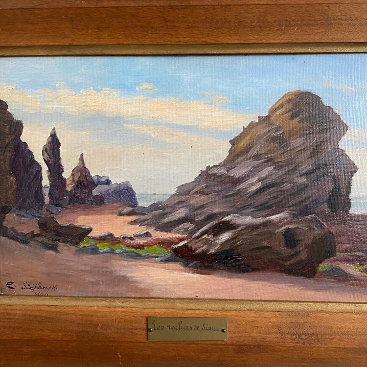 Oil on cardboard by E. Stefanski Les Rochers de Sion early 20th century