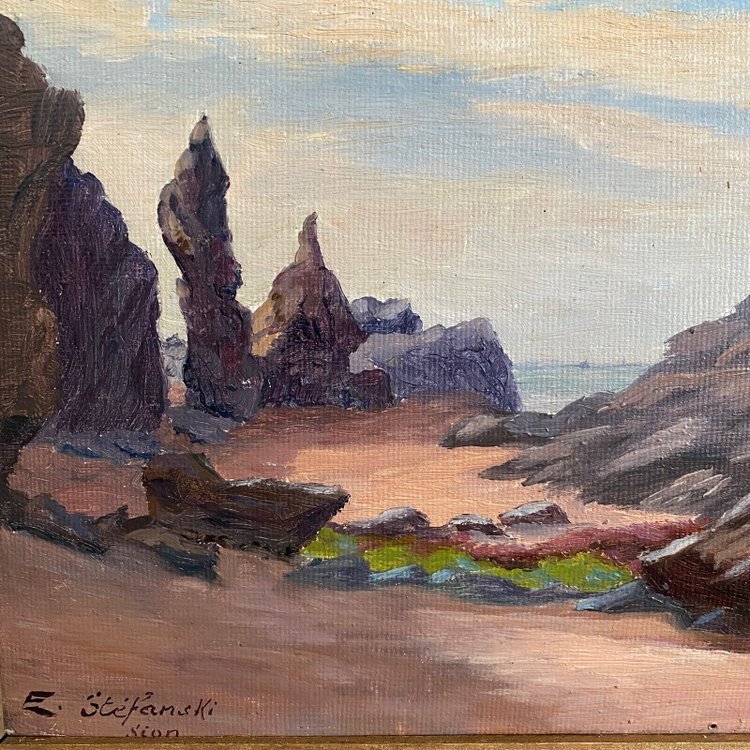 Oil on cardboard by E. Stefanski Les Rochers de Sion early 20th century