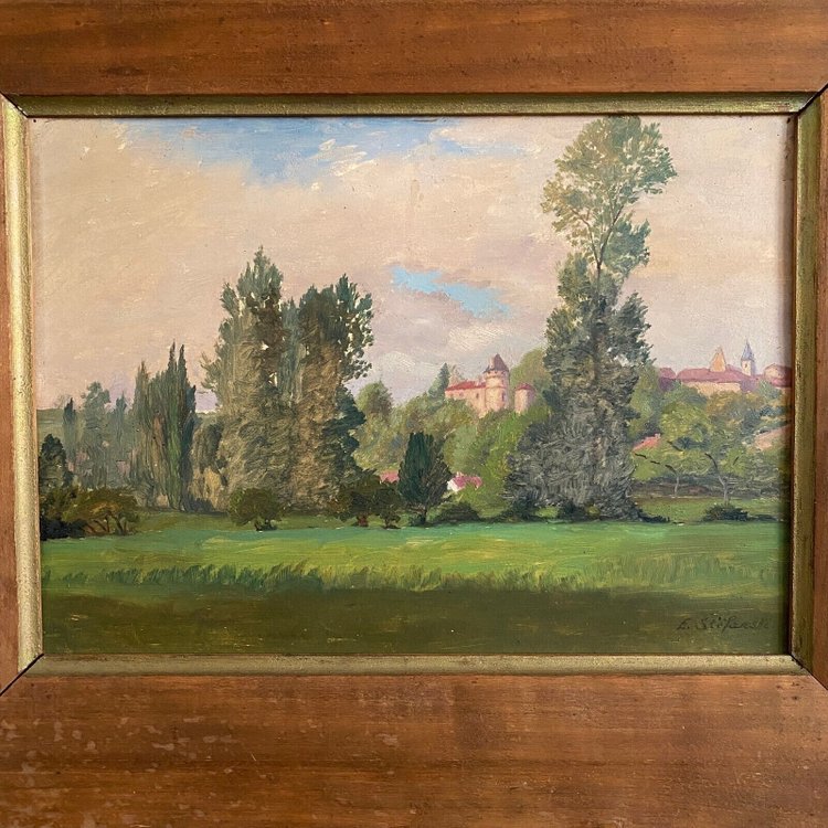 Huile sur carton représentant un château par E. Stefanski XXe