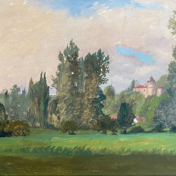 Huile sur carton représentant un château par E. Stefanski XXe