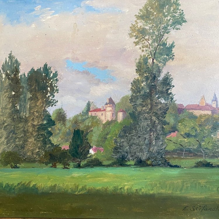 Huile sur carton représentant un château par E. Stefanski XXe