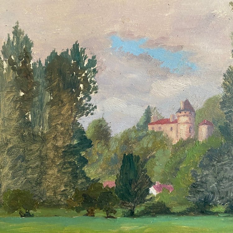 Huile sur carton représentant un château par E. Stefanski XXe