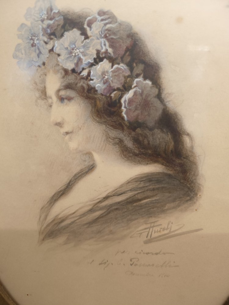 Aquarelle, dame de profil, style Art nouveau, auteur Giuseppe Aureli, Rome, 1910, mesuré, h38