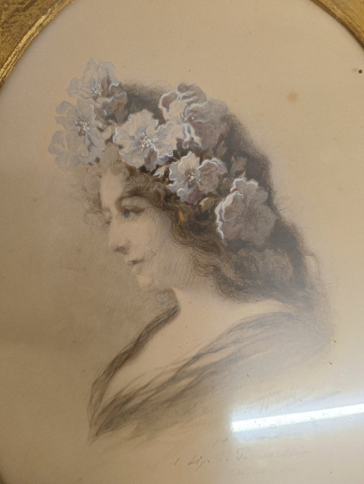 Aquarelle, dame de profil, style Art nouveau, auteur Giuseppe Aureli, Rome, 1910, mesuré, h38