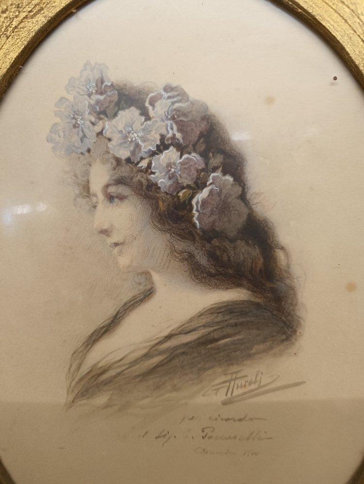 Aquarelle, dame de profil, style Art nouveau, auteur Giuseppe Aureli, Rome, 1910, mesuré, h38