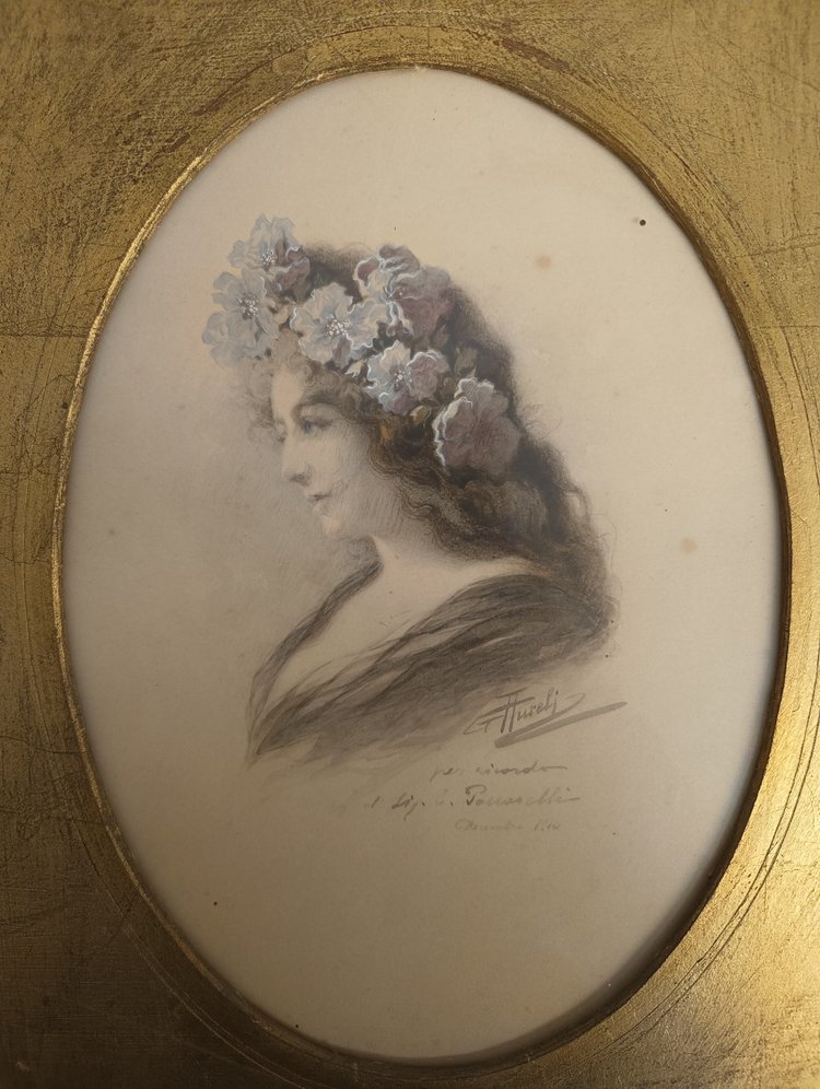 Aquarelle, dame de profil, style Art nouveau, auteur Giuseppe Aureli, Rome, 1910, mesuré, h38