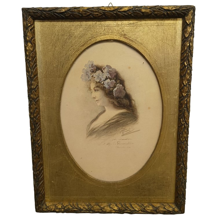 Aquarelle, dame de profil, style Art nouveau, auteur Giuseppe Aureli, Rome, 1910, mesuré, h38