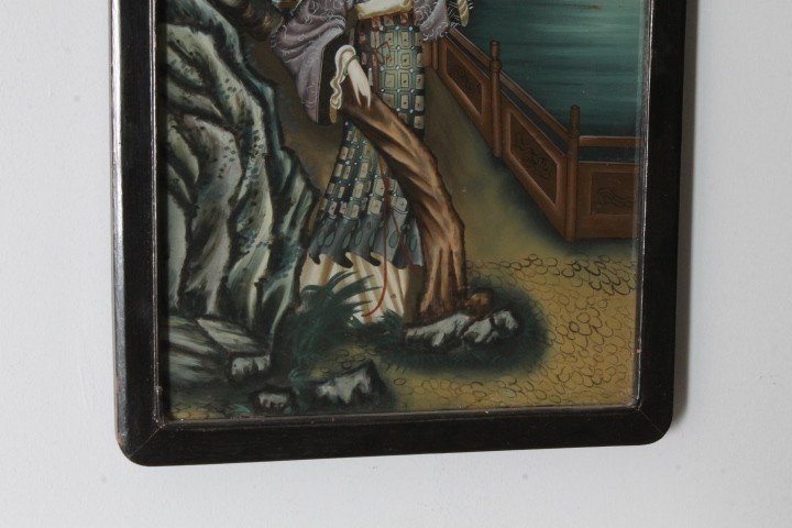 Antico dipinto su vetro Geisha Giapponese primi 900 . Mis 52 x 35 