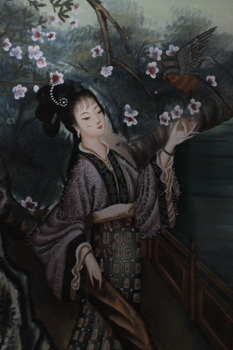 Antico dipinto su vetro Geisha Giapponese primi 900 . Mis 52 x 35 